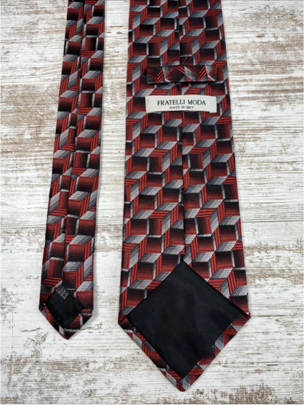 Vintage 1990s Fratelli Moda Italian Silk Tie 3D Geometric Cube Red Black Gray